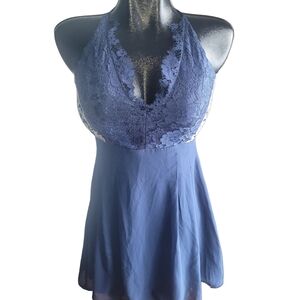 Alythea Navy Blue Lace Sleeveless Open Back Fit and Flare Dress S